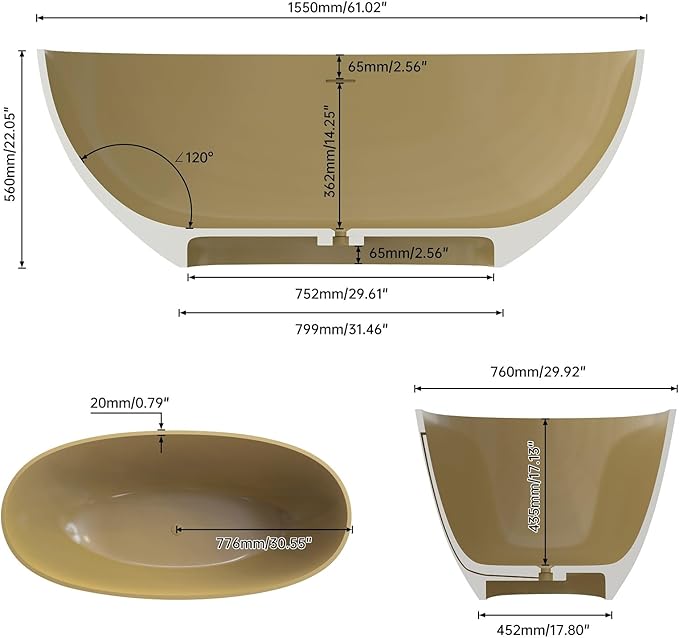 61" Premium Solid Surface Freestanding BathTubs, Upgraded Camel Design Stand Alone Tub with Overflow and Pop-up Drain