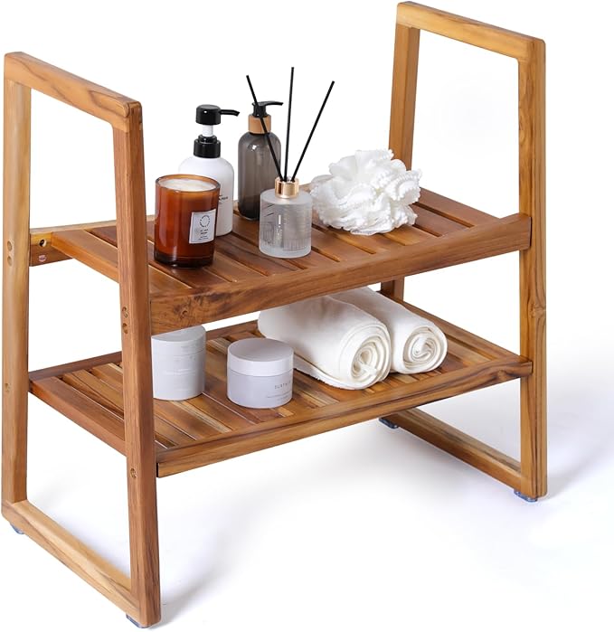 VVW Teak Shower Bench - Shower Seat with Arms Storage Shelf,26 Inch Teak Wood Shower/Wooden Bathroom 2-Tier Spa Bathing Stool/Waterproof,Shower Seat for Adults Elderly,Indoor and Outdoor Use