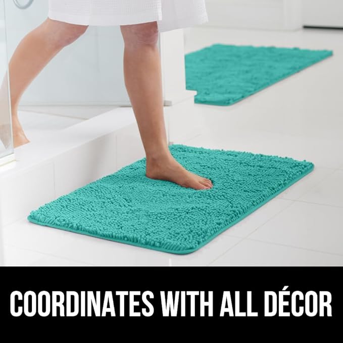 GORILLA GRIP Bath Rug Mat, Soft Absorbent Chenille, Quick Dry Microfiber Mats, Rubber Backing Washable Shower Floor Rugs, Bathmat Runner, US Designed Bathroom Home Decor Accessories 24x17, Turquoise