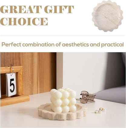 Koville Travertine Jewelry Tray, 5.51" Round Trinket Dish for Ring Necklace Earring Perfume, Natural Scalloped Decorative Tray for Countertop Bathroom Kitchen Dresser, Beige Stone Tray