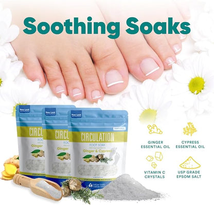 Circulation Foot Soak (3-Pack with Scoop) Foot Soaking Epsom Salts with Pure Essential Oils in BPA Free Pouch with Press-Lock Seal Made in USA, Three 2-Lbs Pouches 6-Lbs Total