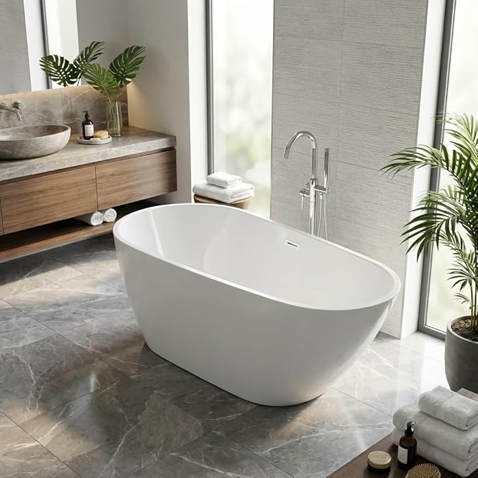67 Inch Acrylic Freestanding Bathtub, Acrylic Soaking Bathtub with Matte Drain and Overflow, Modern Square Tub, cUPC Certified, Deep Ergonomic Design, Double-Walled Insulation, Easy Installation