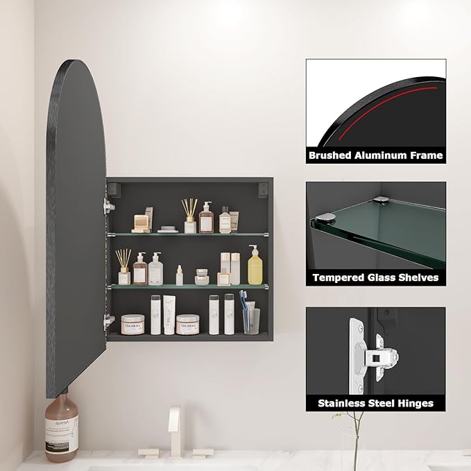 FKWin Bathroom Mirror, Bathroom Cabinet with Mirror for Left or Right Opening, Surface Mount Medicine Cabinet not Recessed, Modern Vanity Bathroom Mirror with Storage, Black, 20x30 inch