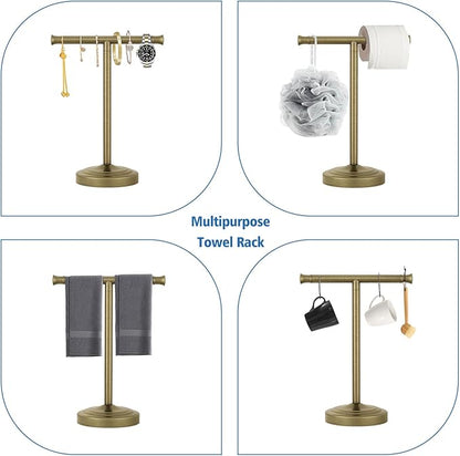 RUMOSE 13 Inch Antique Brass Towel Bar Stand Hand Holder Bathroom Kitchen Vanity Countertop T-Shape Towel Rack Free Standing Stainless Steel