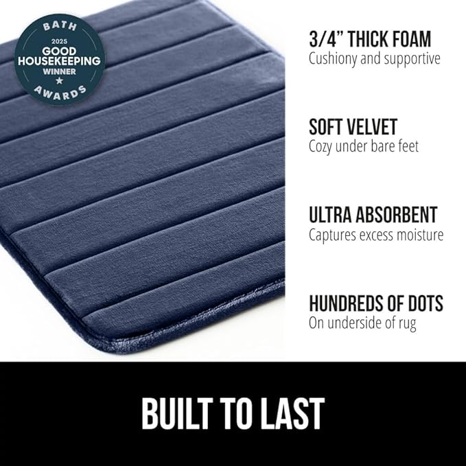 GORILLA GRIP Memory Foam Bath Mat, Soft Absorbent US Designed Bathroom Rug, Gripping Dots Machine Washable Bathmat, Cushioned Floor Mats, Shower Sink Rugs Room Décor Accessories, 60x24 Navy Blue