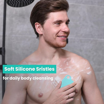Silicone Body Scrubber Silver-Infused Dual-Sided 3-in-1 for Shower, Body Cleaning+Massage+Exfoliator Body Brush Buffer for Men and Women, Silicone Loofah, Non-Slip Handle (Mint Green)
