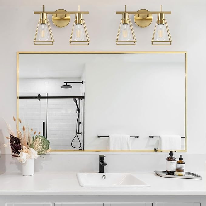 Industrial Bathroom Vanity Lights: 2-Lights Brush Gold Vintage Metal Cage Wall Sconces - Rustic Farmhouse Lightning Fixture Over Mirrors Cabinet for Dressing Hallway