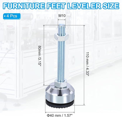 PATIKIL Furniture Leveling Feet 1.6" Dia Base M10 Thread, 4 Pcs Carbon Steel Adjustable Threaded Furniture Levelers Screw on Leg Leveler with Pads for Desk Chair, Black