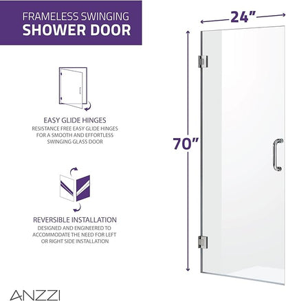 ANZZI 70" x 24" Frameless Shower Door in Polished Chrome,Water Repellent Glass Shower Door with Seal Strip Parts and Handle, 5/16 Glass Hinged Shower Door with Handle (SD-AZ09-01CH)