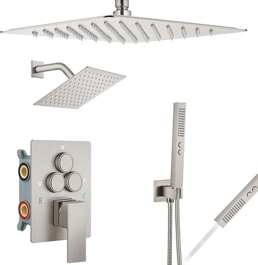 Aolemi Shower Faucet Set Ceiling Mount Shower System Rough-in Valve and Shower Trim Kit 12 and 6 Inch Dual Shower Head 2 in 1 Handheld Spray Push Button Diverter Brushed Nickel