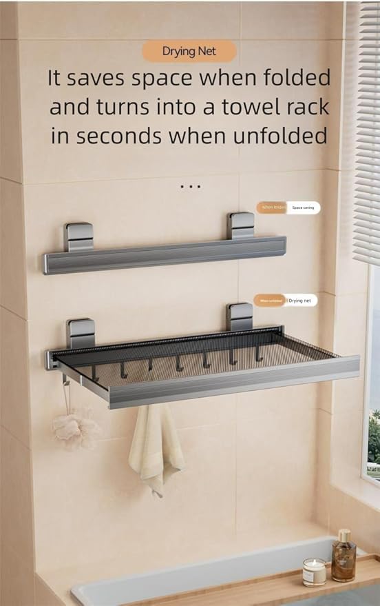 Oleth Telescopic Suction Cup Bathroom Towel Rack & Balcony Drying Net: Super Strong Suction, Tool-Free Install, Wall-Safe. Fits Smooth Surfaces for Towels/Small Items.Bathroom Concealed Folding Shelf