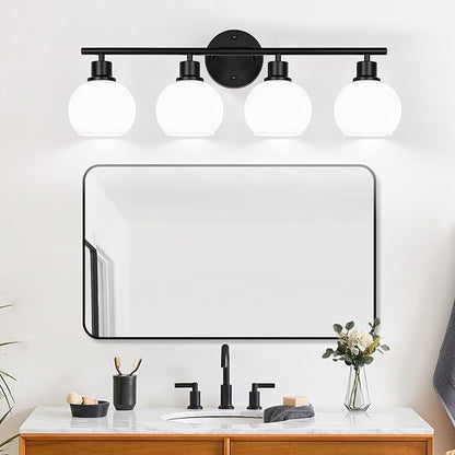 4-Light Bathroom Light Fixtures, Black Bathroom Lights Over Mirror with Milky White Frosted Glass Globe Shade, Vanity Lights for Bathroom Kitchen Living Room Hallway Cabinet Bedroom Porch
