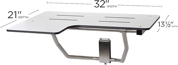 Seachrome 32" x 22.5" Lift-Assist ADA L-Shaped Reversible Bathroom Shower Bath Transfer Seat, Folding, Wall-Mounted, White Phenolic Seat