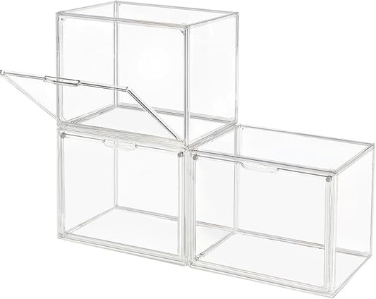 Clear Stackable Plastic Storage Bins with Magnetic Lid, Dustproof Book & Cosmetic Display Cases, Large Figures Collectibles Showcase, Shoe Box, Protection Organizer (L, Count, 3)