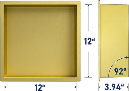 Stainless Steel Shower Niche 12" X 12" Gold No Tile Needed Niche Shower Recessed Wall Niches for Bathroom Storage Over Mount Installation