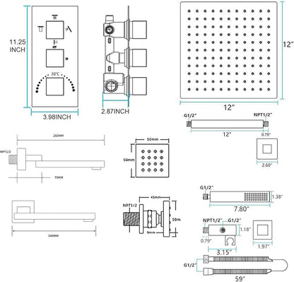 Shower Set Brushed Gold Thermostatic Shower System with Tub Spout, with 12 inch Ceiling Mount Shower Head and 6 PCS Body Jet, Handheld Spray