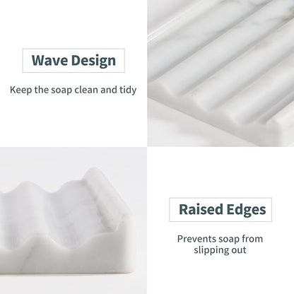 Soap Holder, Marble Soap Dish for Shower, Bar Soap Holder with Water Ripple Design, Easy Cleaning Soap Saver for Kitchen Sink，Bathroom, Executive Italian Natural Stone Soap Tray(Bianco Carrara)