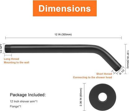 HarJue Shower Arm with Flange and Teflon Tape, Wall Mounted Shower Pipe 304 Stainless Steel Extension Arm for Fixed Shower Head & Handheld (12 Inches, Matte Black)