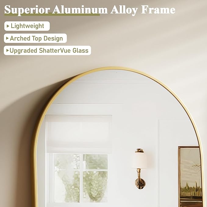 HARRITPURE Arched Bathroom Mirror - 32"x48" Gold Large Wall Mounted Vanity Mirror Aluminum Alloy Frame Arch Wall Mirror for Living Room, Bedroom and Entryway