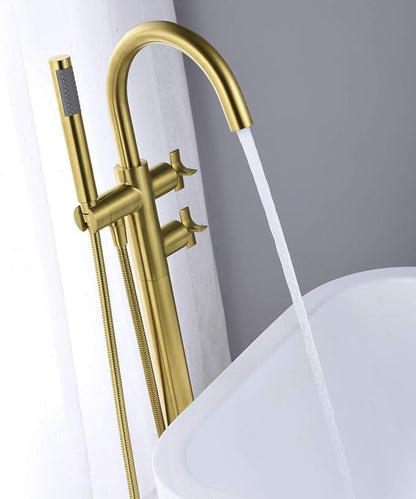 Freestanding Tub Filler Bathtub Faucet Brushed Gold Floor Mount Brass Bathroom Faucets with Hand Shower