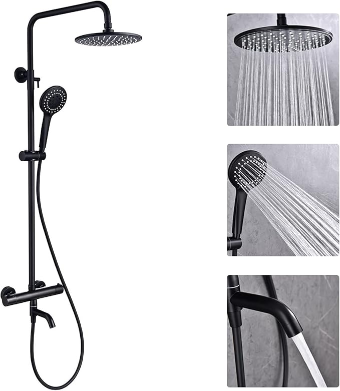 3-Function Thermostatic Outdoor Shower Faucet Set, 8" Round Head Shower, Exposed Pipe Wall Mount with Constant Temperature, Matte Black with Height Adjustable Slide Bar ABS Handheld Sprayer