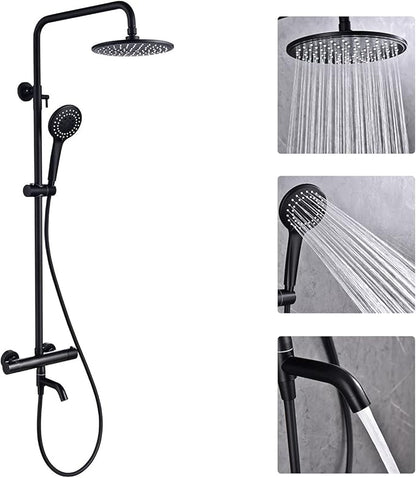 3-Function Thermostatic Outdoor Shower Faucet Set, 8" Round Head Shower, Exposed Pipe Wall Mount with Constant Temperature, Matte Black with Height Adjustable Slide Bar ABS Handheld Sprayer