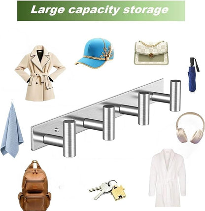 Wall Mounted Coat Rack-4 Hooks, Heavy Duty Stainless Steel Wall Hooks for Towel Coat Bag, Hat Rack Coat Hanger Coat Hooks Towel Racks for Bathroom Entryway Kitchen Hotel (Silvery, 1 Pack)