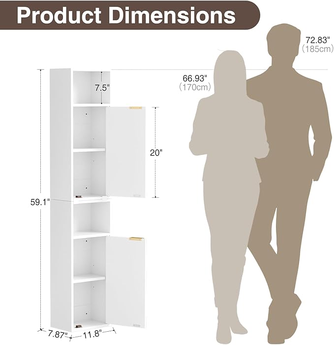 59.1" Tall Slim Bathroom Storage Cabinet White | Freestanding or Wall Mounted Modular Cabinet, Fluted Panel Linen Tower with Adjustable Shelves for Small Spaces