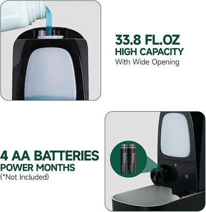 Commercial Automatic Soap Dispenser Large 34oz/1000ml Capacity Wall-Mounted Touchless Liquid Dispenser for High-Traffic Restrooms, Offices, Hospitals Model AD1220S Black
