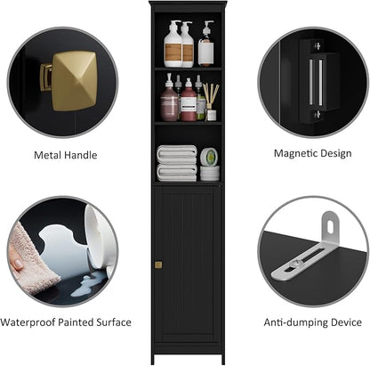 RRX Tall Bathroom Storage Cabinet,Slim Bathroom Cabinet with Door &Shelf,13.8" L*12.6" W*63.4" H,Freestanding Narrow Cabinet with Anti-Tip,Storage for Kitchen,Entryway (Black)