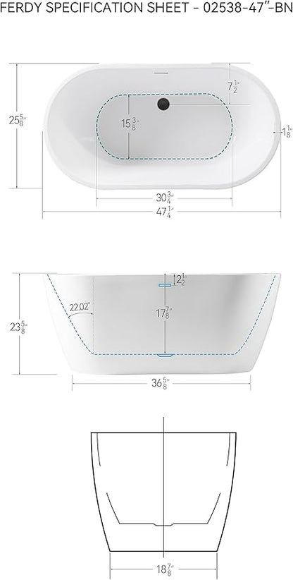 FerdY 47" Bali Acrylic Freestanding Bathtub with Headrest, Gracefully Shaped Soaking Bathtub, cUPC Certified, Toe-Tap Matte Black Drain &Minimalist Linear Design Overflow& Bath Pillow Included