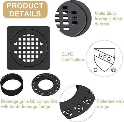 4” Drain Grate Kit Replacement, Compatible with Schluter Kerdi-Drain Flange, Removable Shower Floor Drain Kit with SUS 304 Stainless Steel Grate & CUPC Certification, Matte Black