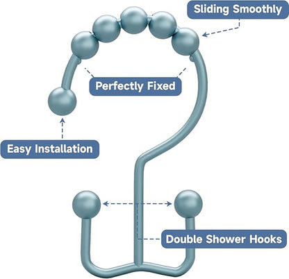 Titanker Shower Curtain Hooks Rings, Rust-Resistant Metal Double Glide Shower Hooks for Bathroom Shower Rods Curtains, Set of 12 Hooks - Lightcyan