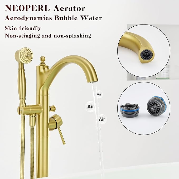 Free Standing Tub Faucet, High Flow Rate Brushed Light Gold Classic Freestanding Tub Faucets with Hand Shower Brass Floor Mount Tub Filler （WT-9002BGZZ）