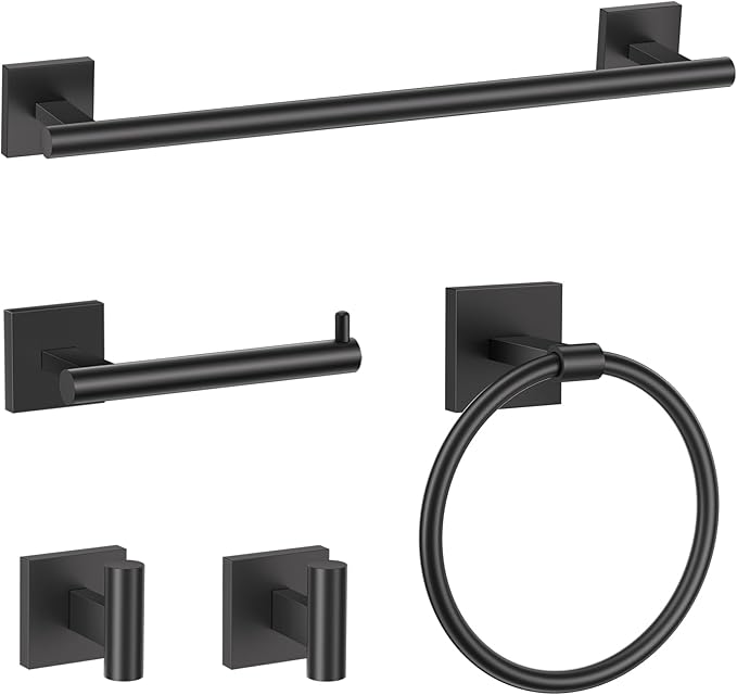 TURS Matte Black 5-Pieces Bathroom Hardware Set SUS304 Stainless Steel Towel Bar Set Wall Mounted 23.6 Inch Towel Racks for Bathroom Square Towel Holder Set