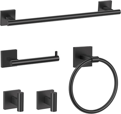 TURS Matte Black 5-Pieces Bathroom Hardware Set SUS304 Stainless Steel Towel Bar Set Wall Mounted 23.6 Inch Towel Racks for Bathroom Square Towel Holder Set