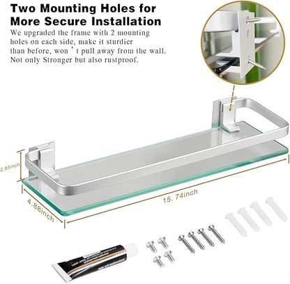 VOLPONE Glass Bathroom Shelf 15.7in Bathroom Shelf Wall Mounted Floating Glass Shelves with Towel Holder Glass Shelf for Bathroom 2 Tier (Sliver)