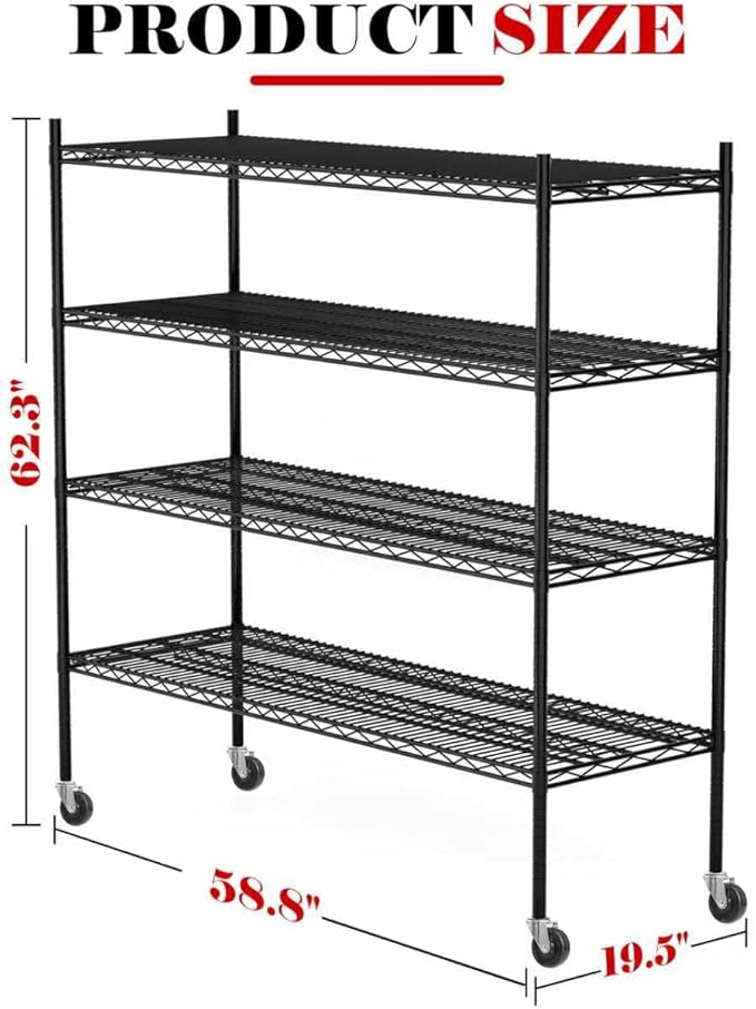 2560LBS Storage Shelves 59"W Metal Shelving Unit 4 Tier Wire Shelving Commercial Adjustable Garage Shelving Heavy Duty for Storage Rack for Pantry, Garage, Kitchen, 59" W x 19.5" D x 62.3" H