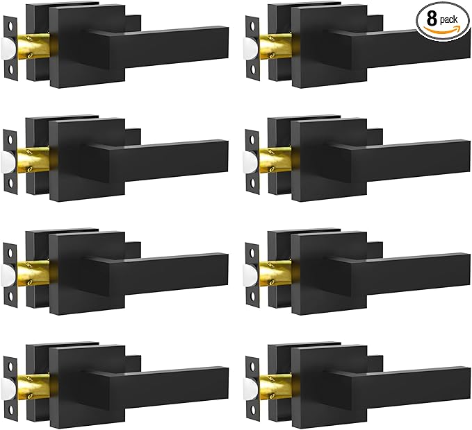 Passage Door Lever, 8 Pack Matte Black Interior Door Handles for Hallway and Closet, Heavy Duty Square Interior Keyless Door Handles Non-Locking Door Knobs for Right & Left Side Door