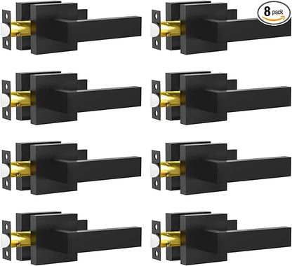 Passage Door Lever, 8 Pack Matte Black Interior Door Handles for Hallway and Closet, Heavy Duty Square Interior Keyless Door Handles Non-Locking Door Knobs for Right & Left Side Door