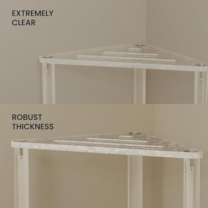 Acrylic Corner Shower Stool for Shaving Legs 11.42" D X 11.42" W X 14.37" H, Triangle Shower Foot Rest with Storage Shelf, Heavy Duty, for Inside Shower (Water Ripple Texture)