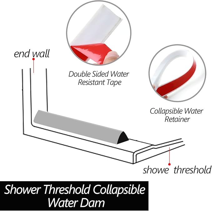 Raycity Collapsible Shower Threshold Water Dam Barrier,Shower Door and Kitchen Water Strip Dam Shower Guard for Dry And Wet Separation Caulk Seal Strip Edge Trim(98Inches/White)