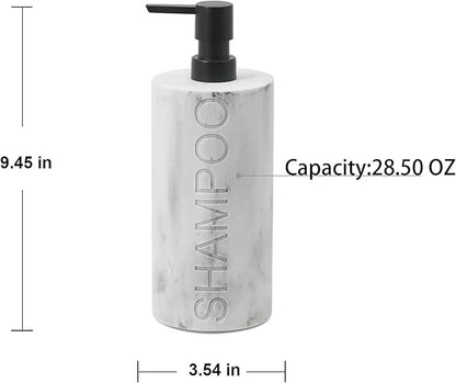 Resin White Marbled Shampoo Engraved Bottle Refillable Pump Dispenser, Durable Waterproof Construction for Bath, Shower - Resin White Marble - Matte Black Pump