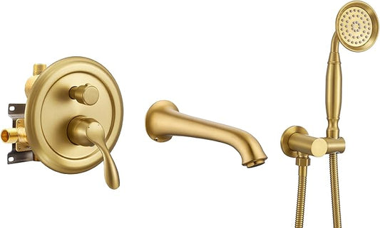 DASAN Antique Wall Mount Tub Filler Faucet with Hand Held Shower, Brushed Gold Brass Bathtub Faucet with Sprayer Wall Mounted Roman Bath Tub Faucet Set with High Flow Rough in Valve, AT201TF-BTG