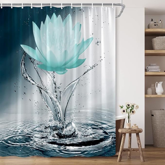 Lotus Shower Curtain Black White Blue Teal Flower Elegant Blooming Floral with Dew Spring Flower Reflection on Water Modern Romantic Polyester Fabric Bathroom Decor 60×70 Inch with Hook