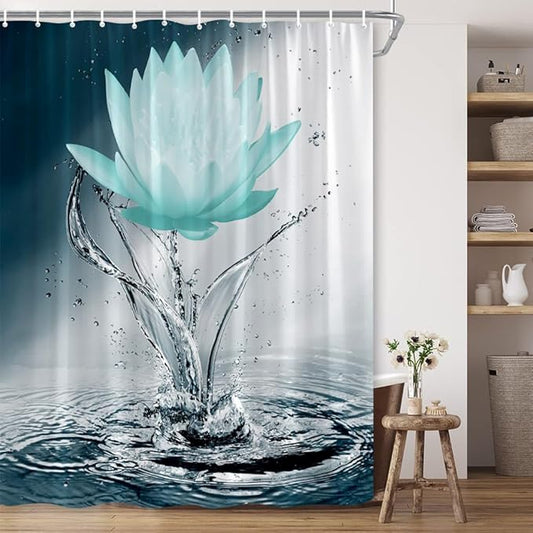 Lotus Shower Curtain Black White Blue Teal Flower Elegant Blooming Floral with Dew Spring Flower Reflection on Water Modern Romantic Polyester Fabric Bathroom Decor 70×96 Inch with Hook