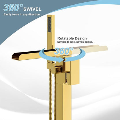 Freestanding Bathtub Faucet, Floor Mount Bathtub Faucet with 2 Water Outlet Modes, Swivel Gooseneck Spout with Hand Shower,Single Handle, Max Flow Rate 7.4 GPM (Waterfall-Gold)