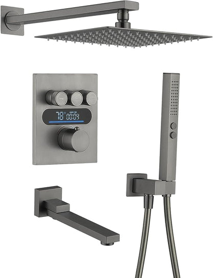 Lefton Shower System in Fahrenheit Display (Battery-free), 10” Overhead Shower Head with All-in-one Handheld Spray Showerhead and Bathtub Faucet, 4-in-1 Control System, SSWM2502 (Grey)
