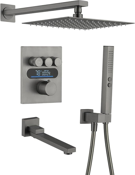 Lefton Shower System in Fahrenheit Display (Battery-free), 10” Overhead Shower Head with All-in-one Handheld Spray Showerhead and Bathtub Faucet, 4-in-1 Control System, SSWM2502 (Grey)