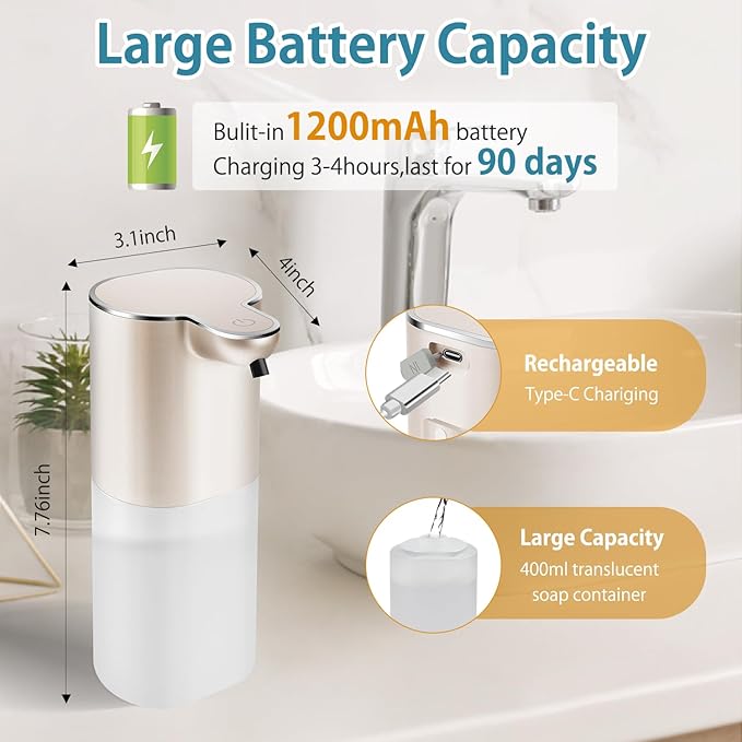 Automatic Liquid Soap Dispenser with 4 Adjustable Volume Control, Touchless Rechargeable Hands Free Auto Soap Dispenser for Kitchen, Bathroom, Hotel, Restaurant,13.5oz/ 400ml